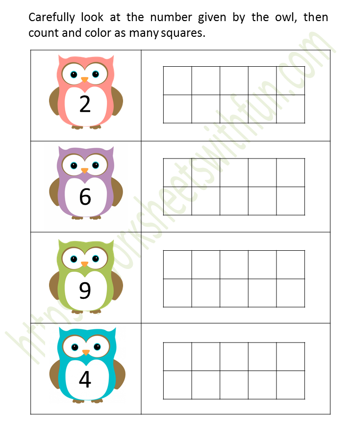 Mathematics - Preschool: Count and Color Owl Worksheet 3